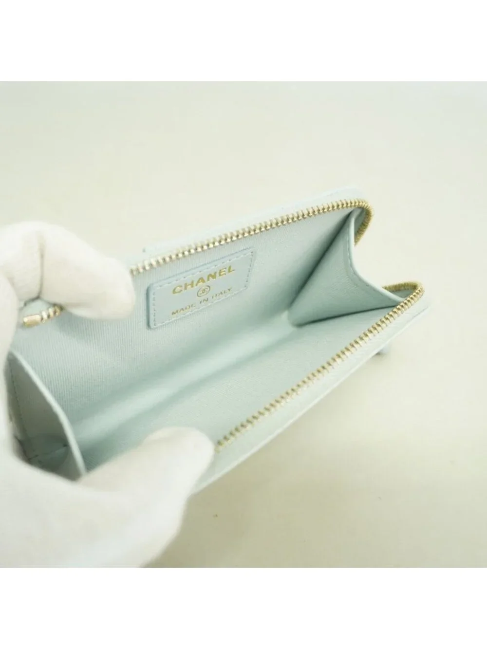 Chanel Coin Case Quilted Caviar Leather Light Blue Champagne Gold